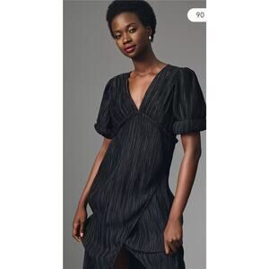 Anthropologie V-Neck Pleated Slim Midi Dress Womens S Black Open Back Cut Out